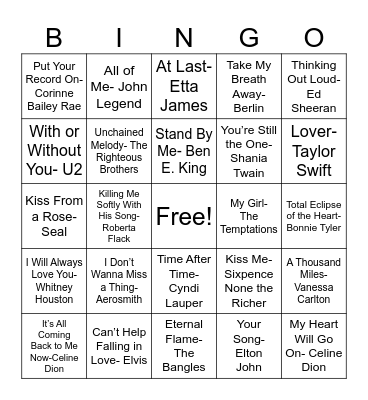 Love Songs Bingo Card