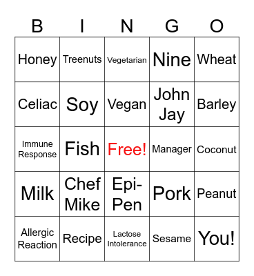 Food Allergy Bingo Card