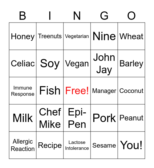 Food Allergy Bingo Card