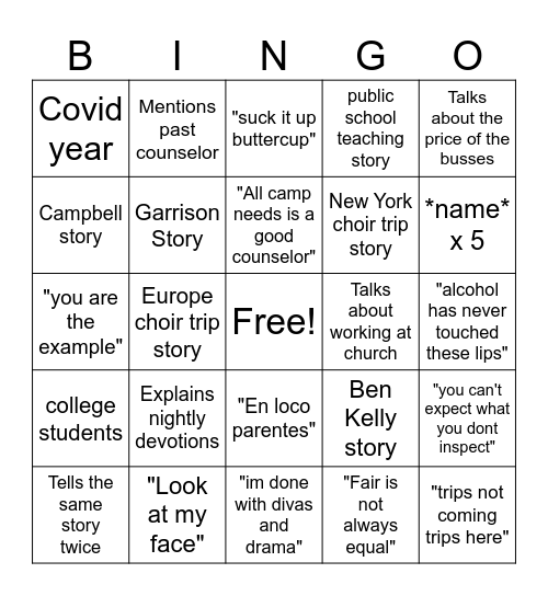 Trip Bingo Card