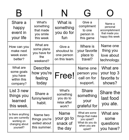 Questions Bingo Card