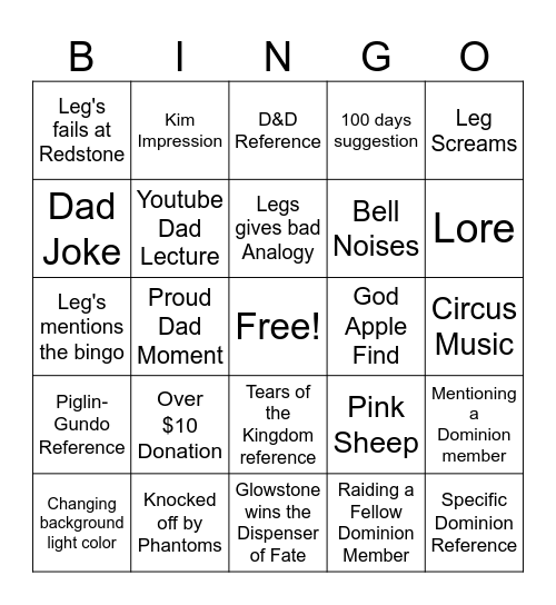 Leg's Stream Night Bingo Card