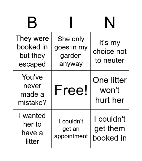 Missing unneutered cats bingo Card