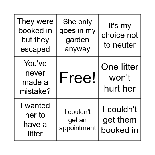 Missing unneutered cats bingo Card