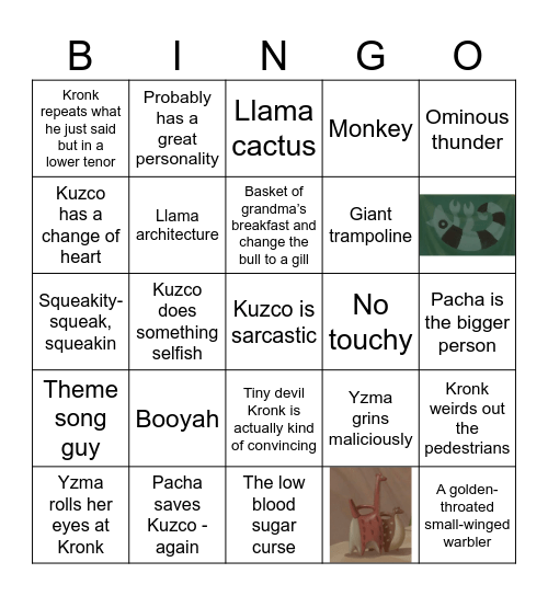 Kuzcotopia Bingo Card