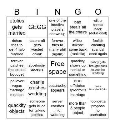 spiderbit wedding Bingo Card