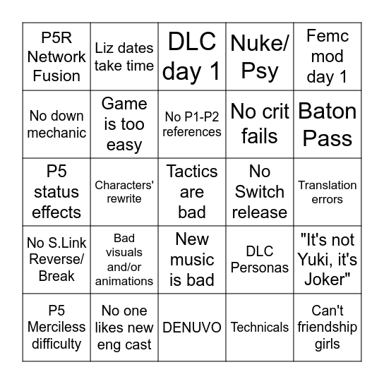 Persona 3 Reload Bingo Card