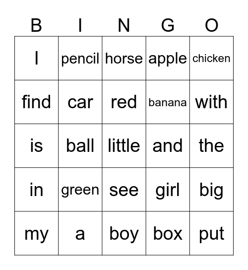 Edmark Words 1 - 30 Bingo Card