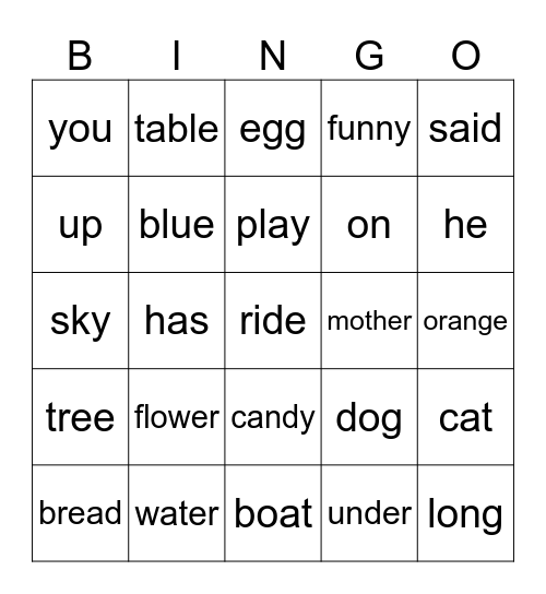 EdMark Words 31-60 Bingo Card