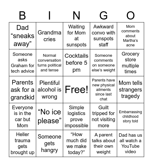 Home for the weekend Bingo Card