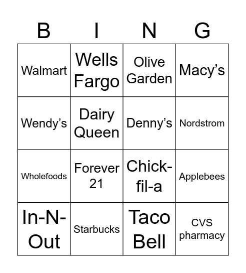 Unseen American Brands Bingo Card