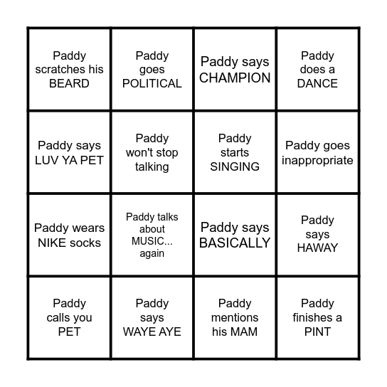 Paddy's Bingo Card