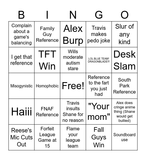 A Night with the Boys Bingo Card