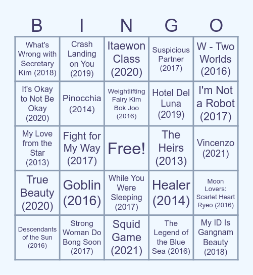 Most Popular Kdramas on MDL (2012-2023) Bingo Card