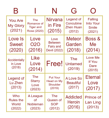 Top 2 CDramas Each Year on MDL 2012-2023 Bingo Card
