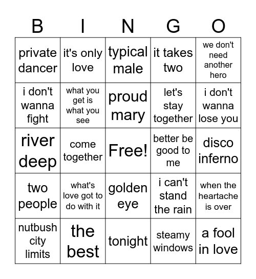 Tina Turner Mixtape Bingo Card