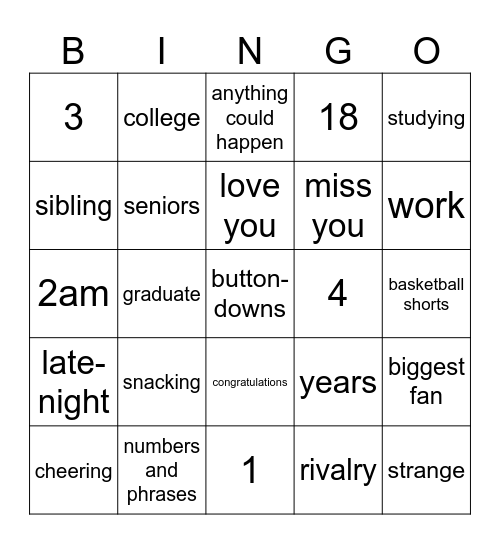 Grad Party Bingo Card