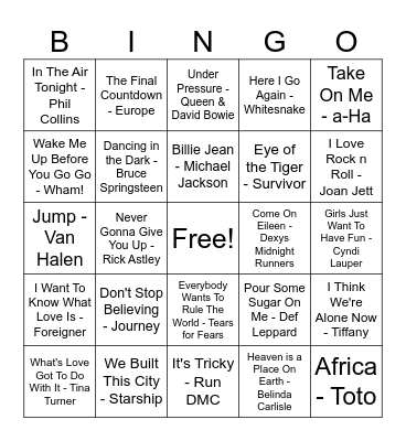 80s Music Bingo! Bingo Card