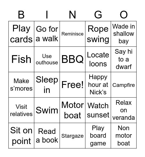Green Lake Cottage Bingo Card