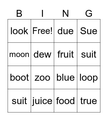 Long U: ue, ui, ew, oo Bingo Card