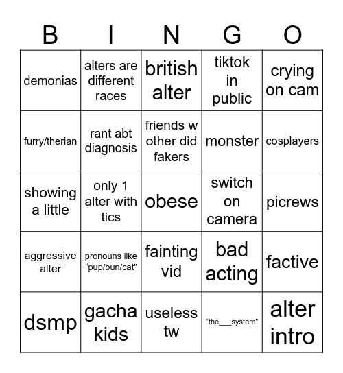 fake disprder cringe Bingo Card