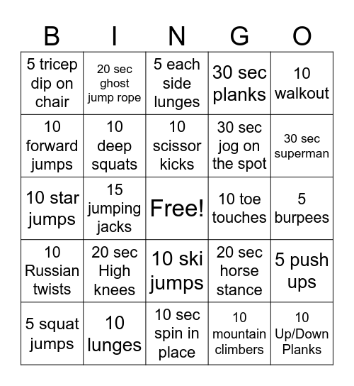 Physical Education (PE) Bingo Card