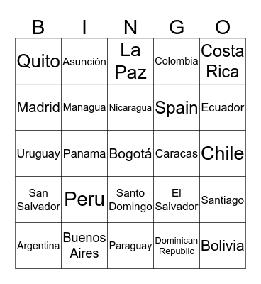 Spanish Geography Bingo Card