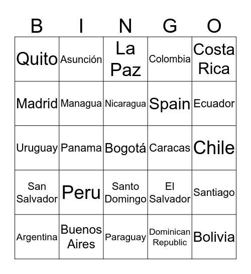 Spanish Geography Bingo Card
