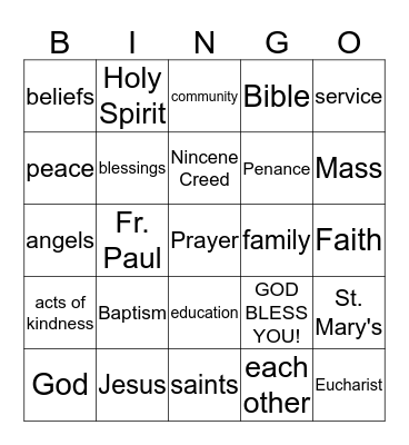 Catholic Schools Week Bingo Card