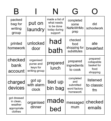Care package Bingo - Thursday Bingo Card