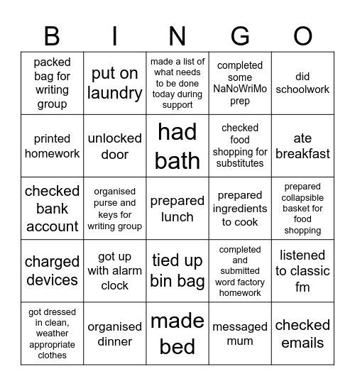 Care package Bingo - Thursday Bingo Card