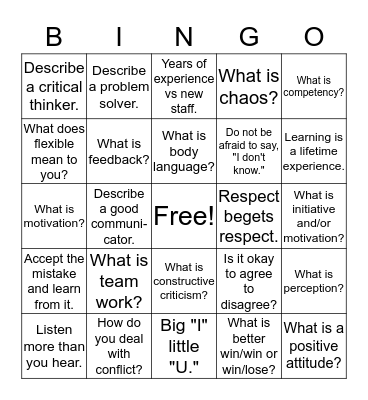 Teamwork Bingo Card