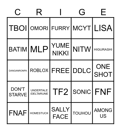 Cringe kid bingo Card