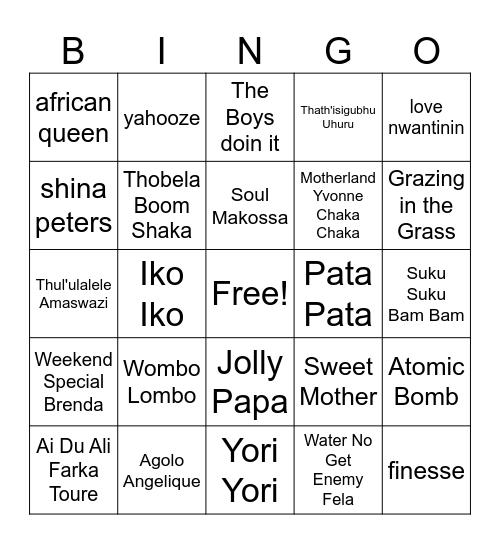African Mixtape Bingo Card