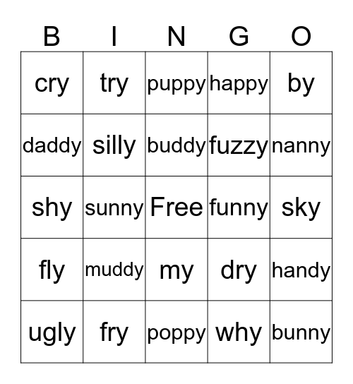 Long /e/ and Long /i/ spelled -y Bingo Card