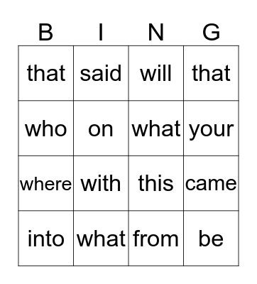 Sight Words Bingo Card