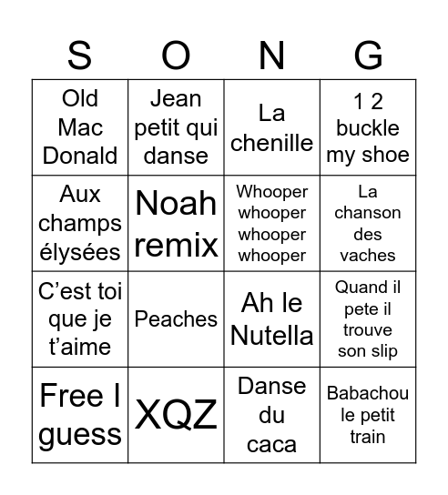 La chenille songs Bingo Card