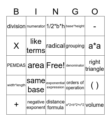 Algebra I Bingo Card