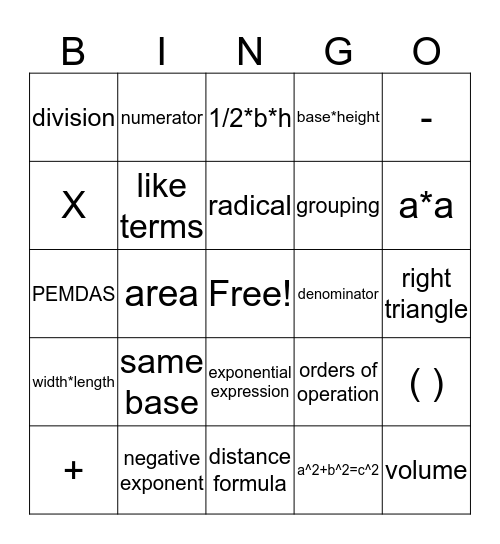 Algebra I Bingo Card