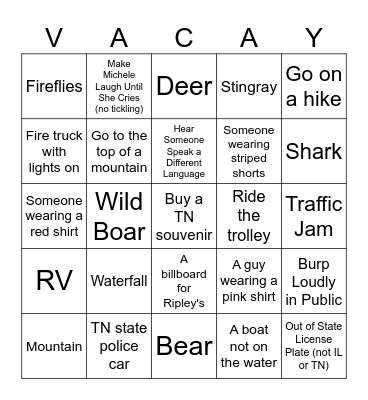 Vacation 2024 Bingo Card
