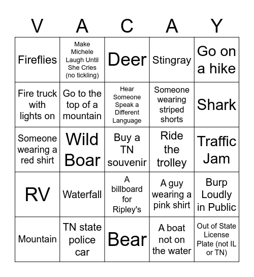 Vacation 2024 Bingo Card