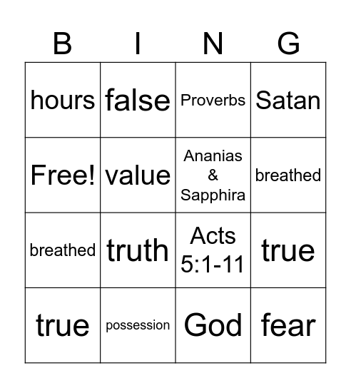 Ananias Lies to God Bingo Card