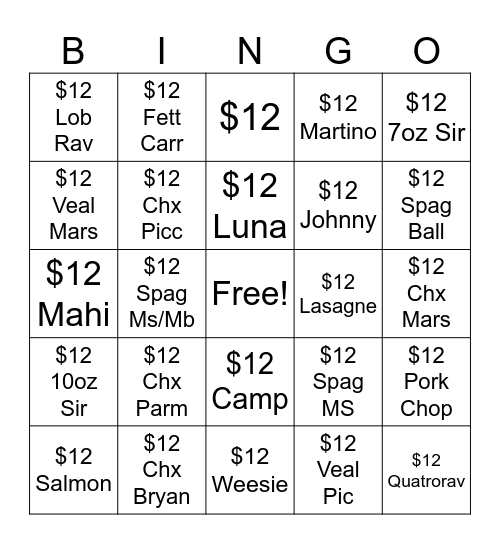 $12 Take Home Bingo Card