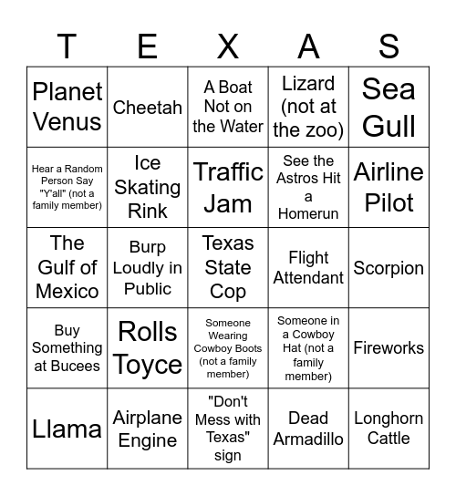 Vacation 2023 Bingo Card