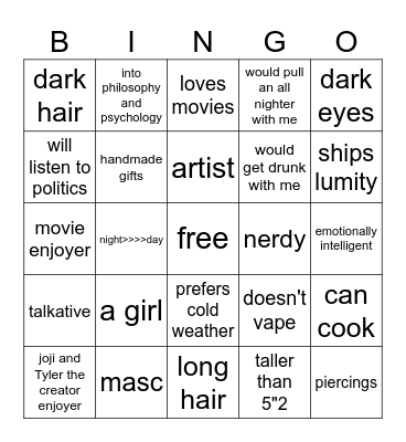 are u my type Bingo Card