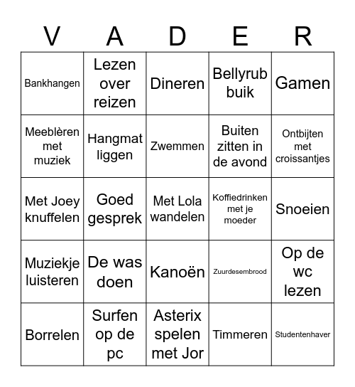 Vaderdag Bingo Card
