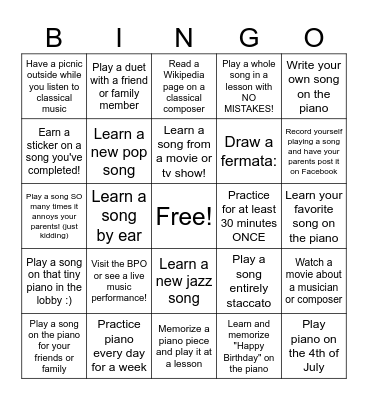 Summer Piano Bingo! Bingo Card