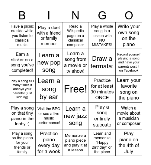 Summer Piano Bingo! Bingo Card