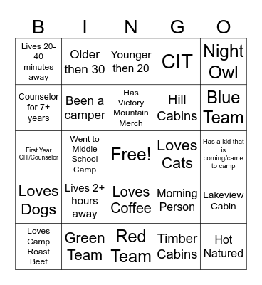 Camp BINGO Card