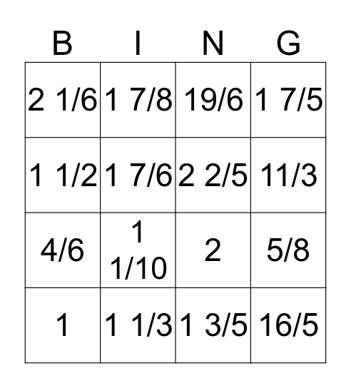 Fraction BING Bingo Card